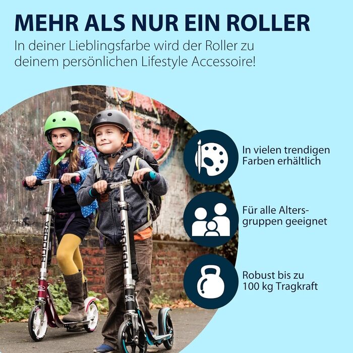 Самокат HUDORA BigWheel 205 стабільний алюмінієвий міський самокат, складаний, з регулюванням висоти та підніжкою, для дітей та дорослих до 100 кг, синій/чорний