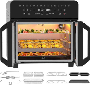 Фритюрниця iceagle 23 л Dual Zone- Мультипіч XXL з французькими дверцятами Духова шафа для фритюрниці з подвійною камерою, 15 програм, 2200 Вт, 12 аксесуарів, знімний роздільник для гнучкого місця для приготування їжі