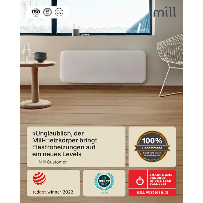 Електричний радіатор Mill Invisible WIFI 1300 Вт, розумний енергозберігаючий електричний обігрівач для 15-19 м, електричний радіатор для ванної кімнати, настінний обігрівач, електричний радіатор, розроблений у Норвегії - білий 15-19 м