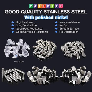 Кільцева підставка для полиць Glarks у 6 стилях, нікелеві опори для полиць, ПВХ-кільцева підставка для полиць, плоскі кілочки-ложки, циліндричні тримачі для кілочків, L-подібні кронштейни та штифти для шаф, 160 шт. різних розмірів