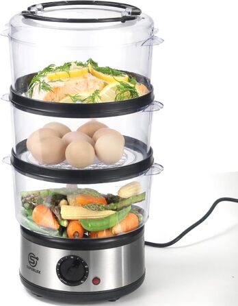 Електрична парогенератор SUPERLEX 7,5 л з 3 контейнерами для пароварки та кришкою Можна мити в посудомийній машині, таймер з паровим двигуном на 60 хвилин, автоматичне вимкнення, без бісфенолу А