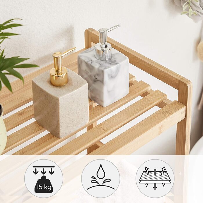 Бамбукова полиця SONGMICS, кухонна полиця, полиця для ванної кімнати, книжкова полиця, окремостояча полиця з 3 полицями, 31,5 x 45 x 80 см, для ванної кімнати, кухні, вітальні, спальні, балкону, натуральний колір BCB073N01 натуральний колір 3 рівні (80В с