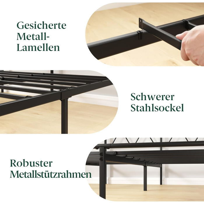Ліжко Zinus Elias каркас 140x200 см з сучасним узголів&39ям - Металеве ліжко 140x200 з металевою рейковою основою - Платформа заввишки 30 см з простором під нею - Пружинний матрац не потрібен - Чорний 140 x 200 см