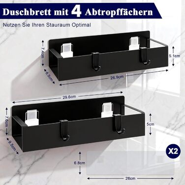 Полиці для душу без свердління, чорні, водостійкий органайзер для ванної кімнати, полиця для шампуню та гелю для душу, кошик для душу з матового чорного металу з тримачем та 4 гачками, 2