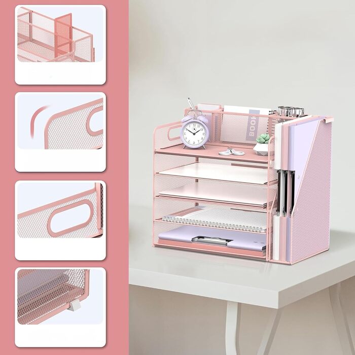 Органайзер для столу з тримачами для файлів, 5 рівнів, органайзер для столу з 3 тримачами для ручок, лотком для паперу та листів для офісу, дому, організації та зберігання, рожевий