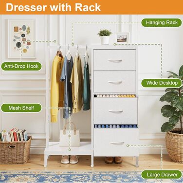 Комод заввишки 111 см з 4 тканинними шухлядами, маленький комод з вішалкою для одягу, білий комод для спальні, вітальні, коридору, передпокою, комод для спальні, подарунковий 30Г x 76,5Ш x 111В см (4 шухляди) білий