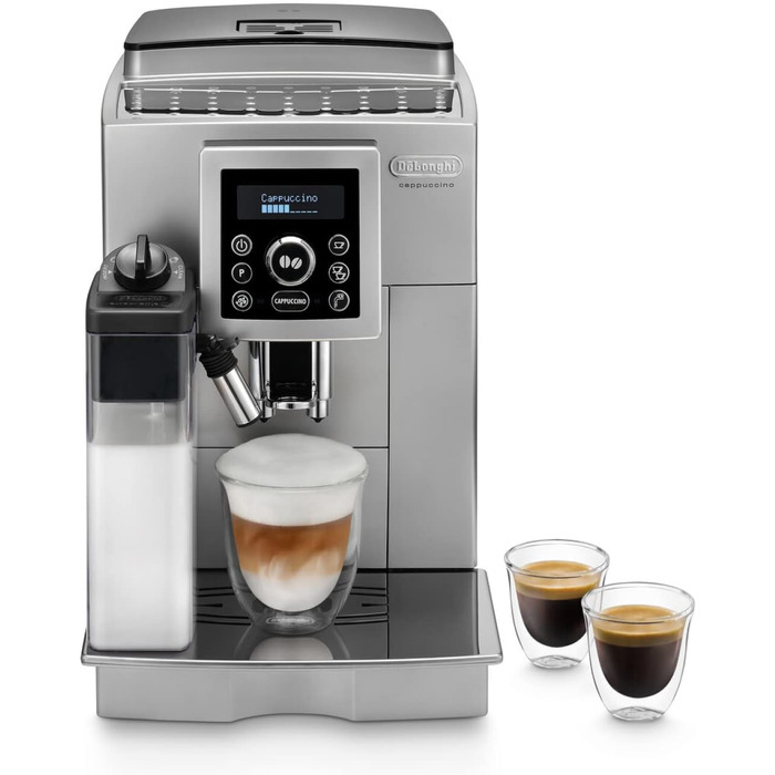 Повністю автоматична кавоварка De'Longhi ECAM 23.466.S Perfetto з молочною системою LatteCrema, капучино та еспресо одним натисканням кнопки, цифровий дисплей зі звичайним текстом, функція на 2 чашки, великий резервуар для води об'ємом 1,8 л, повністю авт