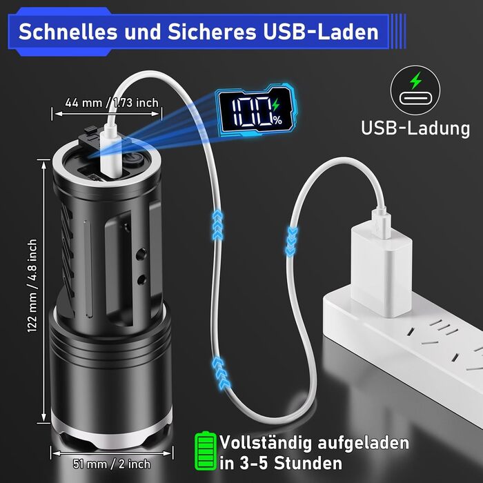 Акумуляторний світлодіодний ліхтарик JAY-PARK, 500 000 люменів з акумулятором 10800 мАг та РК-індикатором рівня заряду, надзвичайно яскравий, 5 режимів освітлення, масштабування, потужний, водонепроникний ліхтарик IPX7 для кемпінгу, походів, матово-чорний