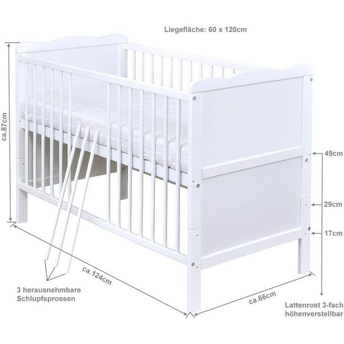 Комплект дитячого ліжка Generic Baby Deluxe, дитяче ліжко 60x120 см, що трансформується в дитяче ліжко, біле, 10 предметів, комплект постільної білизни Max, матрац, шифоновий балдахін (блискучий рожевий)