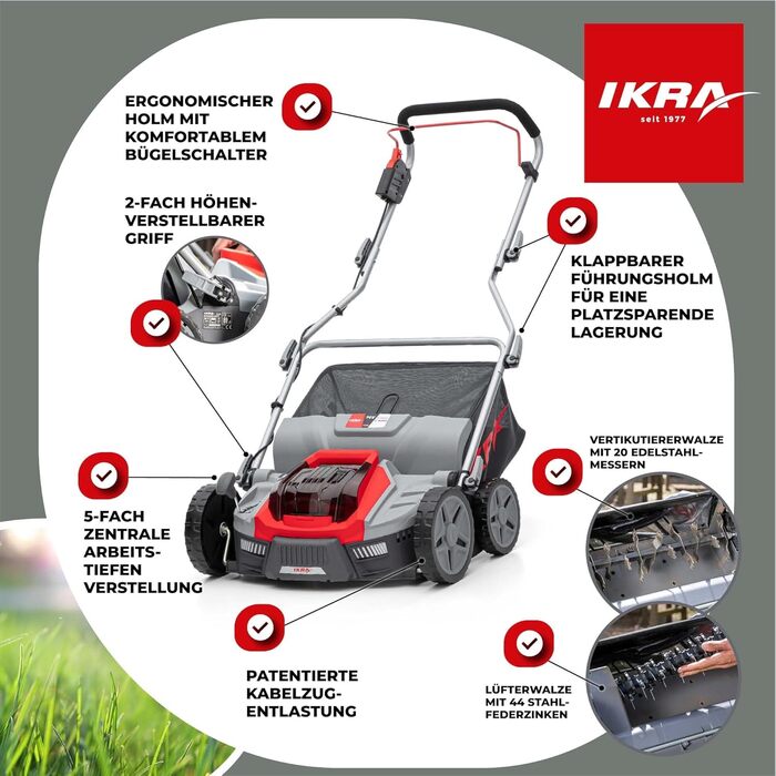 В-1 Аератор-Вертикуттер-Скарифікатор 36В IB-SR 36, мішок для збору трави 45л, ширина захвату 36см, без акумулятора та зарядного пристрою, сумісний з Bosch, 3-