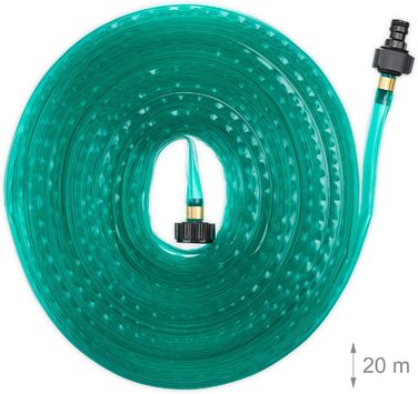 Шланг для поливу Relaxdays, 20 м, для грядок та живоплотів, плоский, готовий до підключення, з розпилювачем, зелений