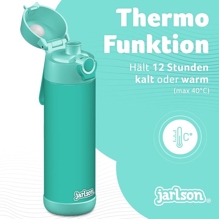 Дитяча пляшка для пиття Jarlson MALI з нержавіючої сталі ТЕРМОС - Герметична дитяча пляшка для пиття - Підходить для газованих напоїв - Термопляшка для школи та дитячого садка (500 мл, бірюзовий колір)