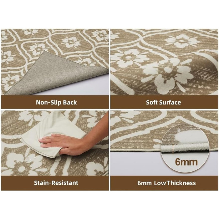 Килимок для кухні Puremy невеликого розміру, 60 x 100 см, для прихожих, ультратонкий з марокканським візерунком, брудовідштовхувальний, можна прати,  для коридору, дитячої кімнати, пральні, спальні, бежевий