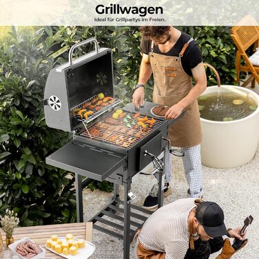 Вугільний гриль з кришкою та візком, BBQ коптильня, мобільний вугільний гриль на 2 колесах, з решіткою, термометром, компактний вугільний гриль-візок, регульований по висоті для кемпінгу та саду