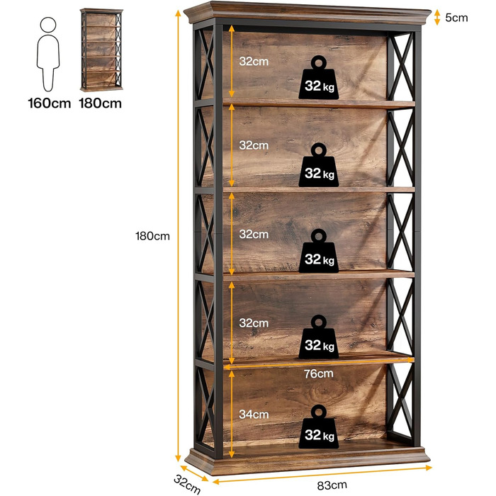 Книжкова полиця Tribesigns, висота 180 см, окремостояча полиця, 6-ярусна дерев&39яна книжкова полиця, відкрита полиця з металевим каркасом для вітальні, домашнього офісу, промисловий дизайн, вінтажний коричневий, чорний