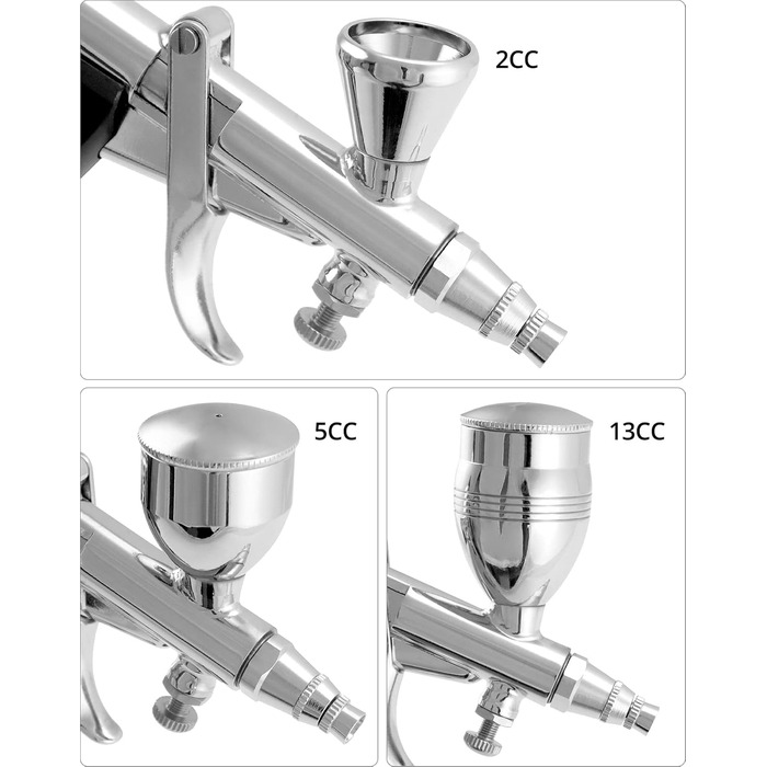 Система пістолетів для аерографії - Сопла 0,3 мм 0,5 мм 0,8 мм - Стаканчик для фарби 2 куб.см 5 куб.см 13 куб.см - Довжина шланга 1,8 м