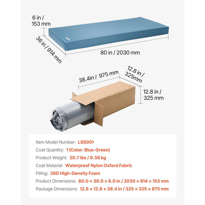 Матрац VEVOR Care, вантажопідйомність 158 кг, медичний пінопластовий матрац, водонепроникний, для лікування пролежнів у будинках для людей похилого віку та догляду вдома, 2030x914x153 мм