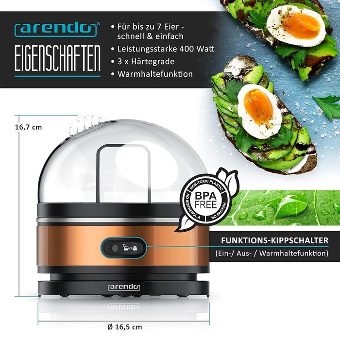 Яйцеварка 400 Вт - конструкція з нержавіючої сталі - 1-7 яєць - яйцеварка - перемикач функцій - 3 ступені твердості на вибір - фун