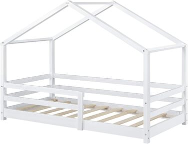 Дитяче ліжко Kntten, Ліжко-будиночок, Ліжко на підлозі, 80 x 160 см, Дерев&39яне ліжко для дітей із захистом від падіння, Каркас ліжка з рейковою основою, Сосна, Біле, 80x160 см