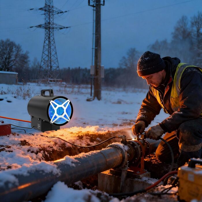 Газовий обігрівач на пропані потужністю 10 кВт для використання всередині приміщень, газовий вентилятор-обігрівач з редукційним клапаном 700 мбар, продуктивністю 320 м/год, газовий радіаційний обігрівач для будівельних майданчиків, вентильованих складськи