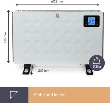 Розумний конвекторний обігрівач Perel потужністю 2000 Вт з 3 режимами нагріву, термостатом, IP20, захистом від перегріву, портативний з пультом дистанційного керування та застосунок Tuya, для приміщень об&39ємом до 60 м