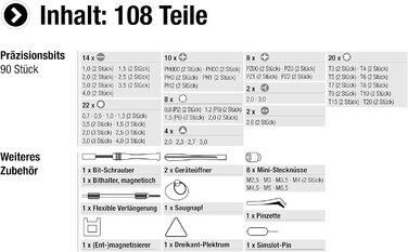 Набір інструментів Meister Feinmechaniker 108 предметів Комплект для ремонту смартфонів, планшетів, ПК, консолей, камер, годинників, окулярів, моделей та іншого / Набір для ремонту / Набір прецизійних викруток / 3387780