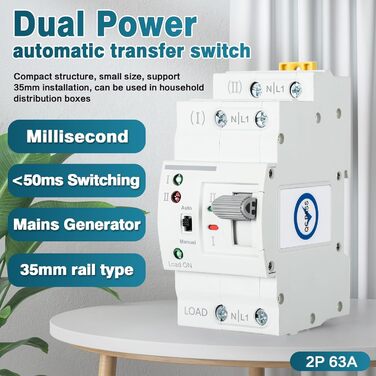 Перемикач передачі DEWIN, автоматичний перемикач передачі G2R 63A DIN-рейка ATS подвійний автоматичний перемикач передачі електроенергії 220 В (розмір 2P)