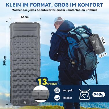 Килимок для сну HIKENTURE, 13 см ультратовстий кемпінговий килимок для сну з подушкою, надувний повітряний матрац, невеликий розмір упаковки, ультралегкий килимок для сну з ножним насосом для використання на свіжому повітрі, для походів, для намету, сірий