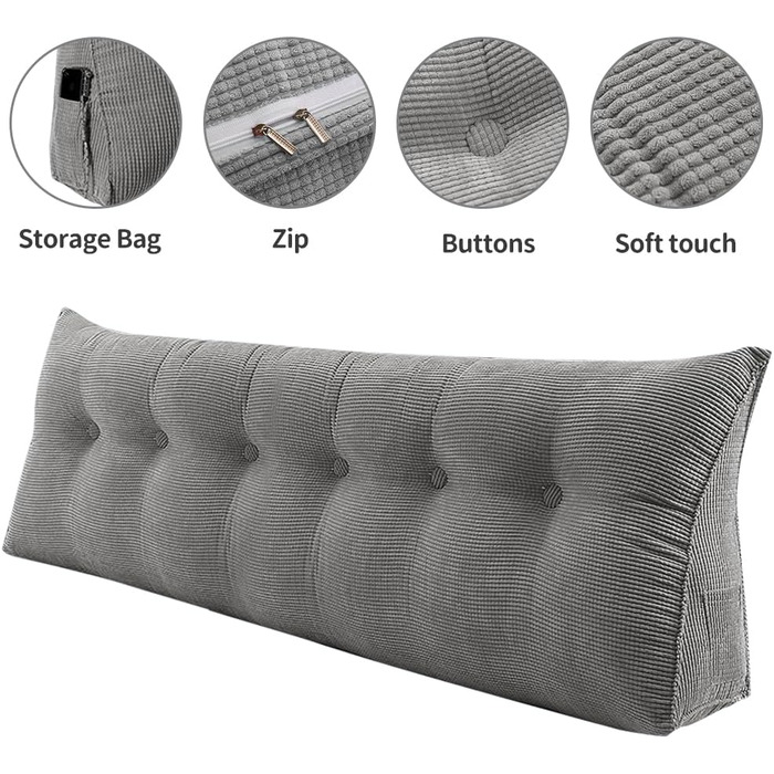 Подушка для спини OHMG 180 см, подушка для читання для ліжка та дивана, практична бічна кишеня, знімний чохол, клиноподібна подушка, настінна спинка, подушка сидіння, настінна подушка, подушка для спинки ліжка сірого кольору 180*50*20 см