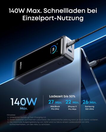 Портативний зарядний пристрій Anker Prime Power Bank, 26250 мАг, з 3 портами та вихідною потужністю 300 Вт, двонаправлена зарядка, схвалено TSA, керування за допомогою застосунку, для MacBook, iPhone серії 17/16 та інших (без зарядної бази) 26250 мАг 300 