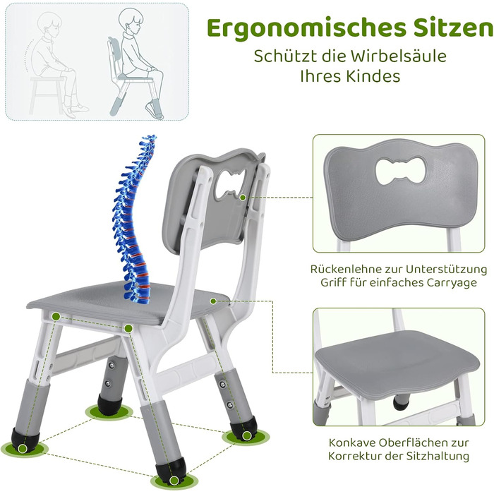 Дитячий комплект столу та стільців MAMIZO з 4 стільцями, регульований по висоті дитячий комплект столу та стільців для дитячого садка та дитячої кімнати, пластикові дитячі меблі, комплект сидінь для хлопчиків та дівчаток від 2 років, сірий 60 x 120 см (4 