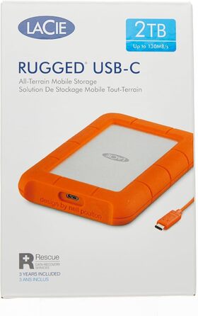 Зовнішній жорсткий диск LaCie Rugged USB-C 2TB Портативний жорсткий диск - сумісний з USB 3.0, стійкий до падінь, пилу та дощу, для Mac та ПК, настільний комп'ютер, робоча станція, ноутбук, 1 місяць Adobe CC (STFR2000800) 2TB HDD