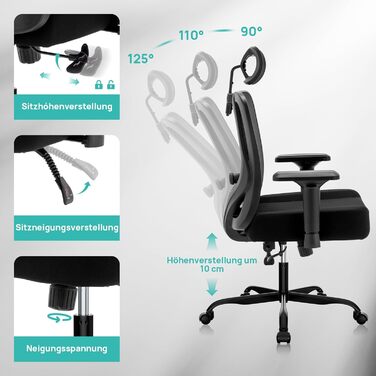 Ергономічне офісне крісло, обертове крісло з функцією гойдання, офісне крісло з регульованим підголівником, 2D підлокітники, крісло керівника з сітки, поперекова підтримка, функція гойдання 90-125, вантажопідйомність 120 кг Black-1