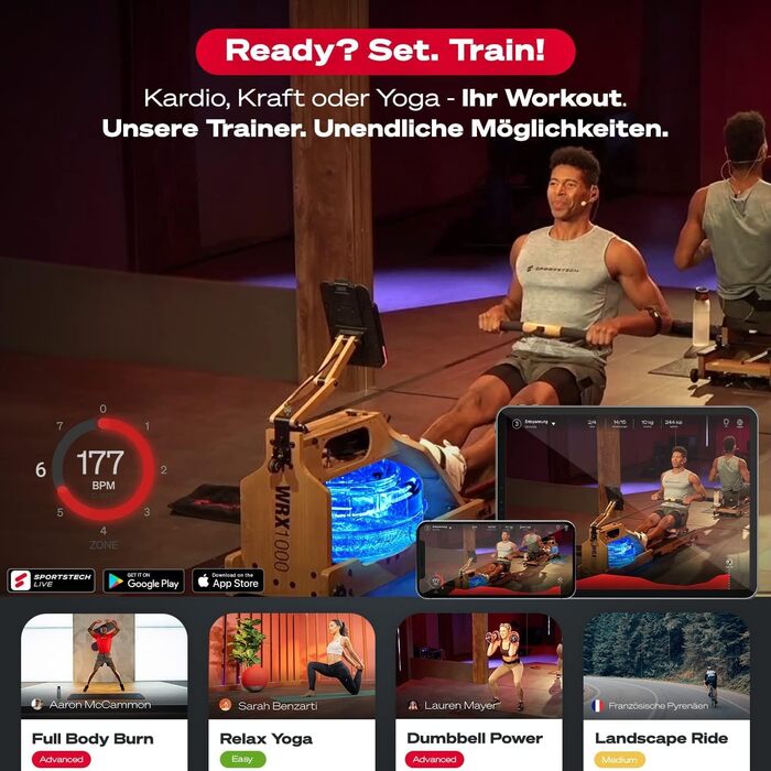 Водний гребний тренажер преміум-класу Sportstech зі світлодіодним резервуаром для води, складний Німецька компанія якості Додаток із програмами тренувань тримач для планшета Гребний тренажер з натурального масиву дерева для домашнього використання WRX1000