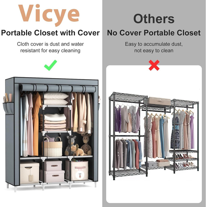 Велика тканинна шафа з 2 рейками для одягу та 8 полицями, складна шафа з кришкою, переносна шафа для гардеробної/спальні (сіра, 124 x 42 x 162 см)