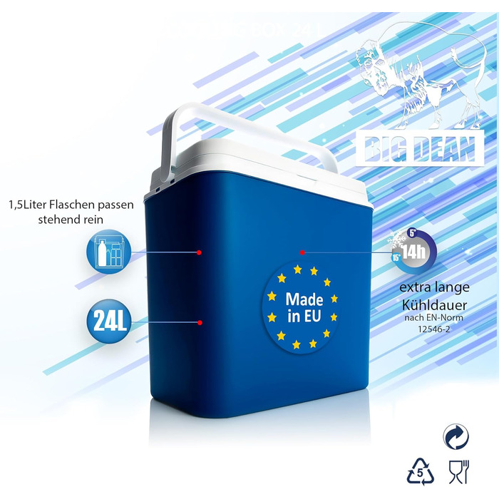Термобокс BigDean 24 літри, синій/білий - Ізольований бокс з охолодженням до 14 годин - Сумка-холодильник для подорожей - Термобокс для кемпінгу, пікніків та саду - Зроблено в Європі 24 літри, включаючи 6 пакетів з льодом
