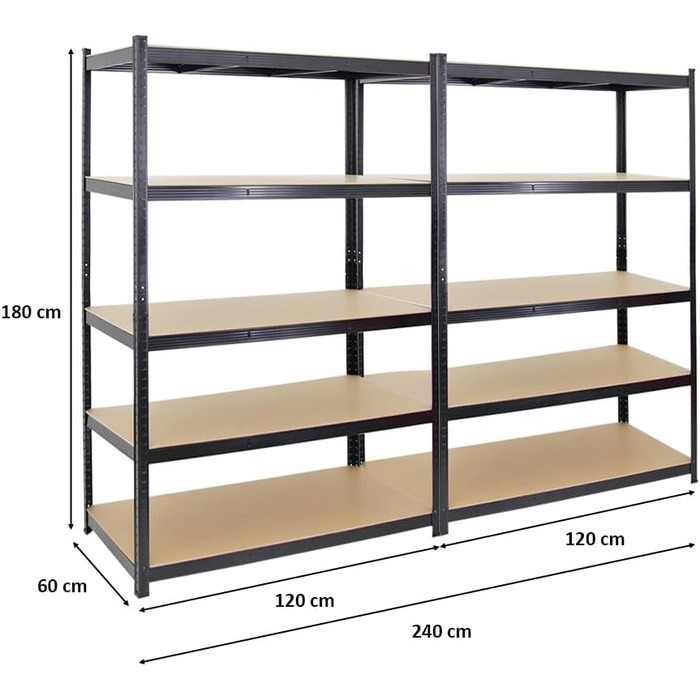 Міцний стелаж Taurus Black 180x120x60 см з вантажопідйомністю 175 кг Стелаж для підвалу, стелаж без болтів, гаражний стелаж, стелаж для зберігання 2-елементний - 180x120x60 см Чорний, 2 шт.