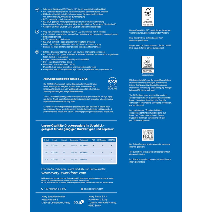 Папір для принтера/копіювального апарату AVERY Zweckform 2563 (1500 аркушів, 90 г/м, формат DIN A4, яскраво-білий, для всіх принтерів) 1 коробка з 3 упаковками по 1500 аркушів кожна