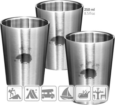Дитячі стаканчики для пиття з нержавіючої сталі - 250 мл ізольовані стаканчики з нержавіючої сталі 304 - Стійкі до ударів стаканчики для кемпінгу - Двостінні ізольовані стаканчики - Без бісфенолу А (Hedgehog - 3 шт.), 3 шт.