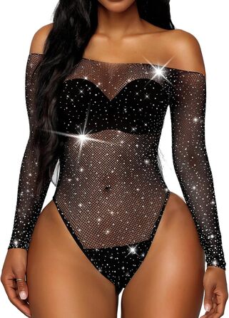 Жіночий боді RSLOVE в сітку з прикрасою зі страз, комбінезон, один розмір, чорний