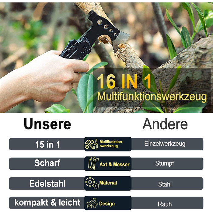 Мультиінструмент Подарунки для чоловіків, 16 в 1 Гаджети для кемпінгу Набір для виживання Молоток Сокира з плоскогубцями Складний ніж Викрутка Відкривачка для пляшок, Багатофункціональний інструмент для кемпінгу, походів, надзвичайних ситуацій