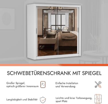 Шафа з дзеркалом - Шафа з розсувними дверима - Шафа для спальні - 64 x 203 x 215 см - Шафа для вітальні - Вішалка для одягу, Шафа з двома дверима, Сучасна 200 см Біла