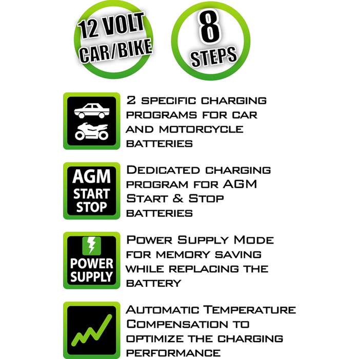 Зарядний пристрій з автоматичною температурною компенсацією - 4 програми зарядки для автомобільних акумуляторів, мотоциклетних аку