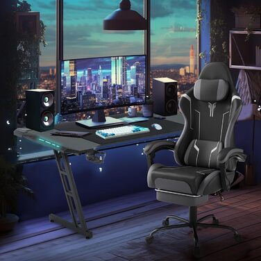 Ігрове крісло з масажем, підставкою для ніг та підголівником, ергономічне ігрове крісло з масажною поперековою подушкою, регульована спинка 90-135, м&39які підлокітники для геймерів - сірий, чорний та білий