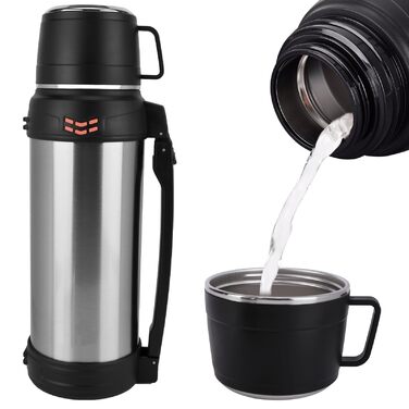 Вакуумно-ізольована пляшка місткість 2 л, металева пляшка для води з нержавіючої сталі для гарячих та холодних напоїв, термопляшка з чашкою без бісфенолу А, портативна дорожня пляшка для води з ручкою для перенесення, 2000 мл