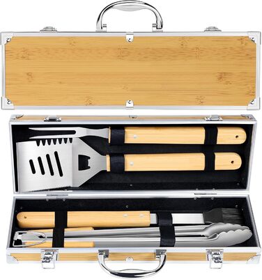 Набір інструментів для гриля барбекю, 4-предметний набір інструментів для гриля з нержавіючої сталі для грилювання на свіжому повітрі, кемпінгу, набір для гриля, подарунки для чоловіків на День батька, дні народження з футляром для зберігання, загальний