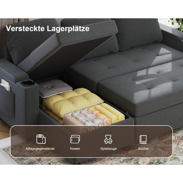 Кутовий диван Devoko зі сном та ящиком для зберігання речей, L-подібний диван, 3-місний розкладний диван-ліжко, лляна кушетка, невеликий розкладний диван для квартири та вітальні, темно-сірий, 200 см - L темно-сірий
