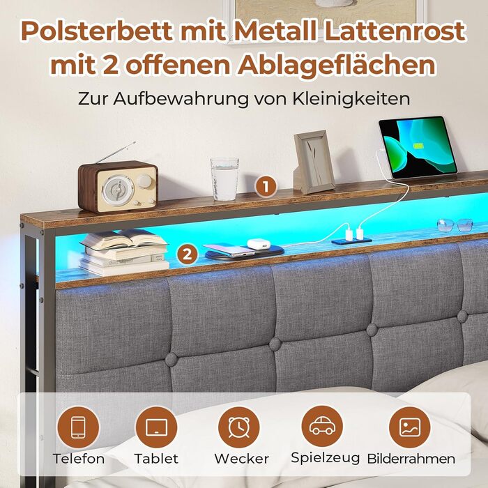 М&39яке ліжко AOGLLATI 140x200 з металевою рейковою основою, каркас ліжка зі світлодіодним освітленням та розетками, ліжко з місцем для зберігання, металеве ліжко з узголів&39ям, двоспальне ліжко, каркас ліжка з USB-портами, 140x200 см