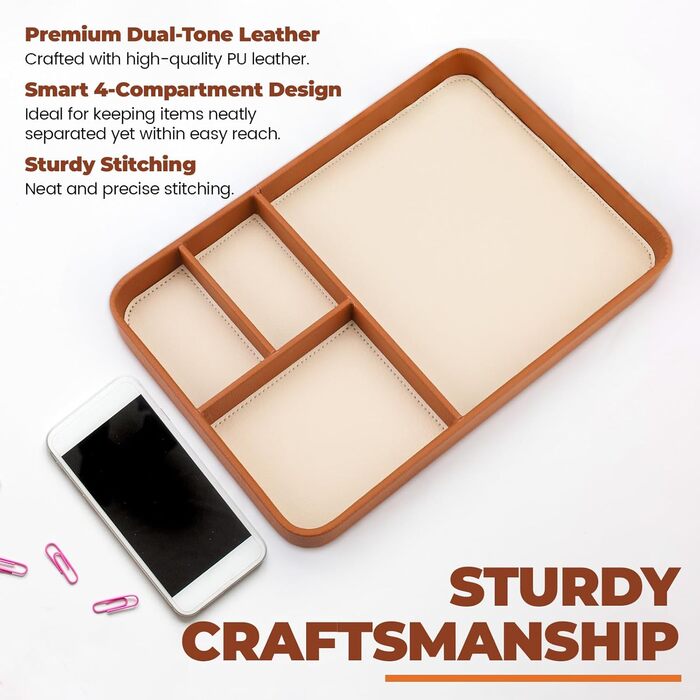 Чоловічий органайзер для столу, 4 відділення, високоякісна штучна шкіра, лоток для всіх тумбочок, тумбочки біля ліжка, кешбек для ключів, годинника, телефону, ювелірних виробів, EDC, коричневий