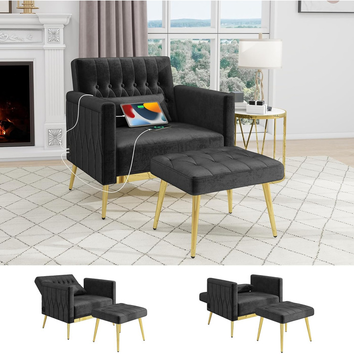 Крісло GRAVFORCE з підніжкою та підставкою, крісло для вітальні з 2 зарядними портами, крісло для читання, крісло для телевізора, м&39яке крісло, крісло-реклайнер, крісло для відпочинку, вантажопідйомність до 159 кг, стильний дизайн, оксамит, чорний